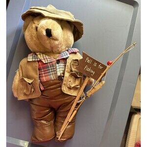 Tender Heart Treasures Bear Vintage 1992 Fishing outfit  Brown Plush Fly Fishing